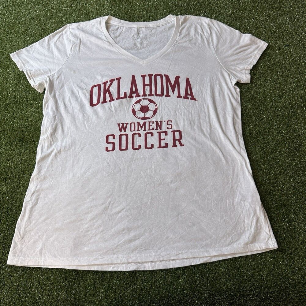 Fanatics Oklahoma Women's Soccer V-Neck T-Shirt Women's L White NWOT Stains